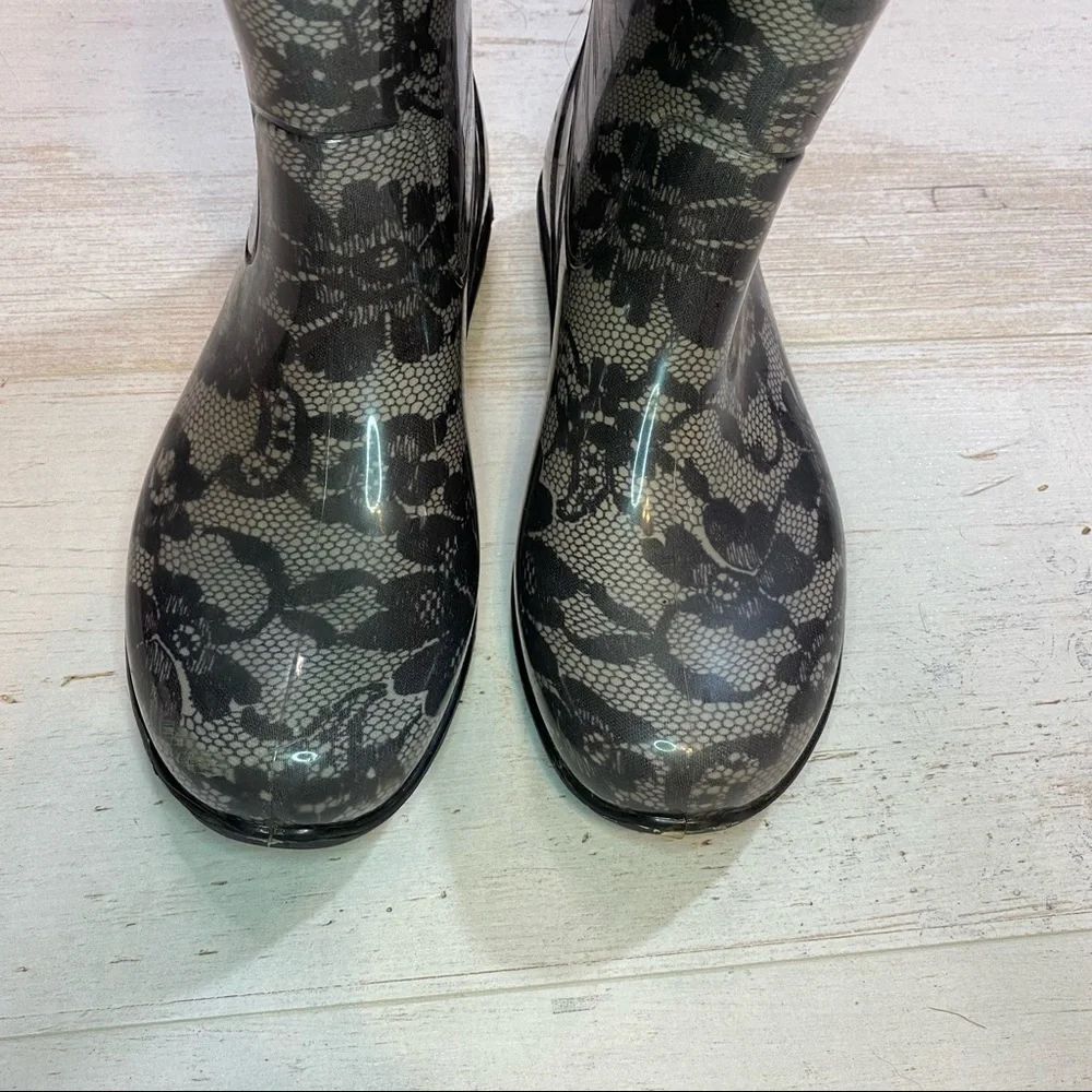 Kamik Black and White Lace Print Rain Boots